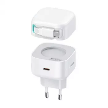 Încărcător de perete USAMS XMF Series CC202TC02 35W GaN USB-C cu cablu USB-C retractabil, PD+QC, alb