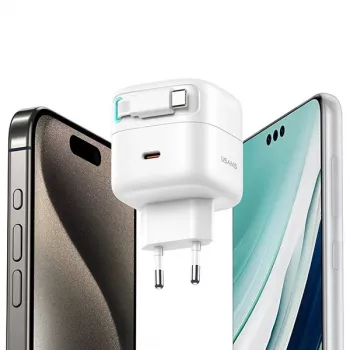 Încărcător de perete USAMS XMF Series CC202TC02 35W GaN USB-C cu cablu USB-C retractabil, PD+QC, alb