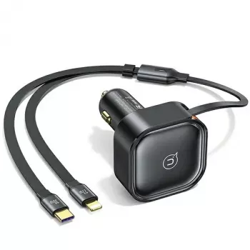Încărcător auto USAMS C41 30W PD, încărcare rapidă, cu cabluri retractabile USB-C și Lightning, negru (US-CC219)