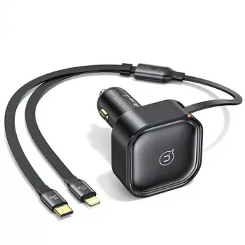 Încărcător auto USAMS cu cablu retractabil 2xUSB-C C41 PD 30W, încărcare rapidă, negru CC220CC01 (US-CC220)