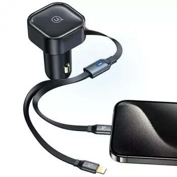 Încărcător auto USAMS cu cablu retractabil 2xUSB-C C41 PD 30W, încărcare rapidă, negru CC220CC01 (US-CC220)