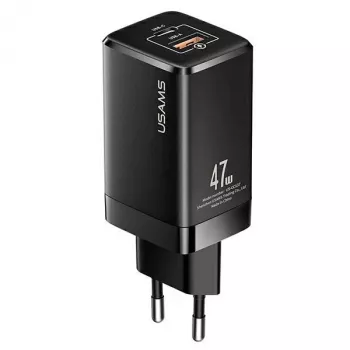 USAMS T41 Încărcător rapid GaN 47W USB-C+USB-A ștecher EU negru