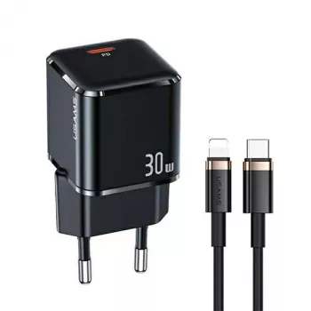 Încărcător rapid USAMS T45 30W PD3.0 USB-C cu cablu U63 USB-C la Lightning, negru, UXTZH01