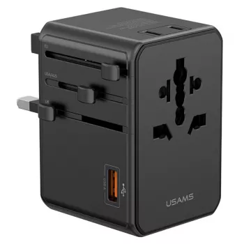 USAMS Încărcător universal de călătorie T72 65W GaN 4-în-1 US/AU/EU/UK negru