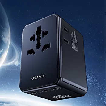 USAMS Încărcător universal de călătorie T72 65W GaN 4-în-1 US/AU/EU/UK negru