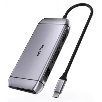 Hub multifuncțional CHOETECH USB-C 9 în 1 - 3x USB 3.2 Gen 1, cititor de carduri SD/TF, HDMI 4K 30Hz, VGA Full HD 60Hz, USB-C PD, RJ45 Gigabit Ethernet, gri (HUB-M15)