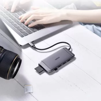 Hub multifuncțional CHOETECH USB-C 9 în 1 - 3x USB 3.2 Gen 1, cititor de carduri SD/TF, HDMI 4K 30Hz, VGA Full HD 60Hz, USB-C PD, RJ45 Gigabit Ethernet, gri (HUB-M15)