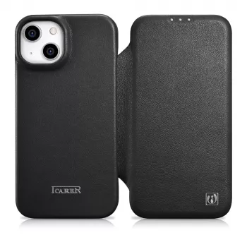 Husă folio din piele premium iCarer CE pentru iPhone 14 Plus, clapetă magnetică, MagSafe, neagră (WMI14220715-BK)