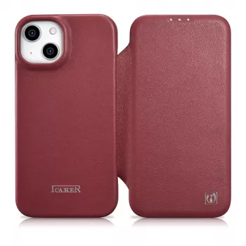 Husă folio din piele premium Icarer CE pentru iPhone 14 Plus cu clapetă magnetică MagSafe roșie (WMI14220715-RD)