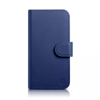 iCarer Husa portofel 2in1 pentru iPhone 14 Plus - Husa flip din piele naturală cu blocare RFID, sloturi pentru carduri, suport - Albastru