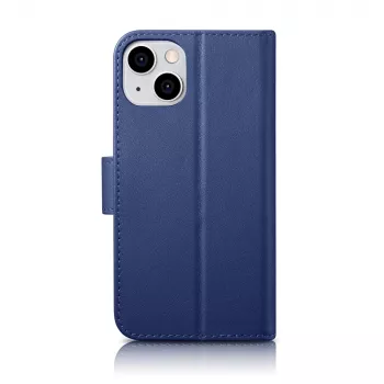 iCarer Husa portofel 2in1 pentru iPhone 14 Plus - Husa flip din piele naturală cu blocare RFID, sloturi pentru carduri, suport - Albastru