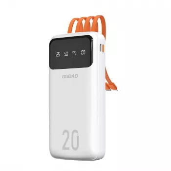 Dudao K6Pro+ Powerbank 20000mAh cu 4 cabluri integrate USB-C, Micro USB, Lightning, USB-A (Intrare) - Alb