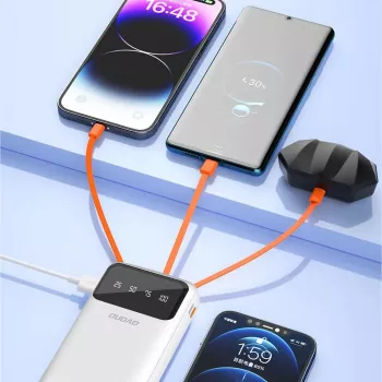 Dudao K6Pro+ Powerbank 20000mAh cu 4 cabluri integrate USB-C, Micro USB, Lightning, USB-A (Intrare) - Alb