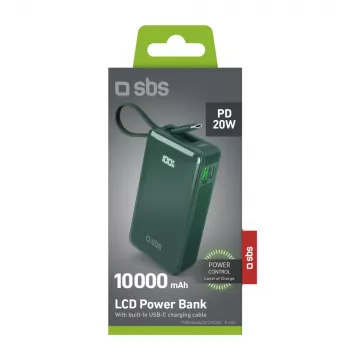 Baterie externă SBS 10000 mAh cu cablu USB-C integrat verde