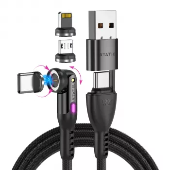 Cablu STATIK 360Pro împletit rotativ cu 3 vârfuri magnetice 6-în-1 negru 2m