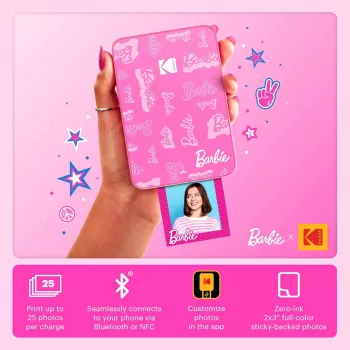 Imprimantă foto instant KODAK Step Slim Barbie - Bluetooth 5.0, tehnologie ZINK Zero Ink, imprimări 2x3 inch, Barbie Pink