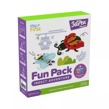 Set creativ myFirst 3dPen Make Filaments Fun Pack Insect Adventure pentru stilou 3D: 5 șabloane, 17 fire de filament PCL (34 m), modul mașină cu tragere, folie termoplastică