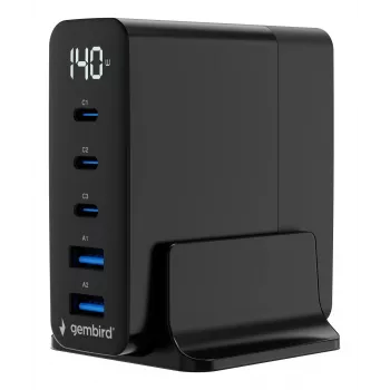 Încărcător rapid GEMBIRD TA-UC-2A3C-PD140-01-BK GaN cu 5 porturi USB-C & USB-A, 140 W, negru