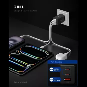 Încărcător de perete Spigen Essential EE673EU 67W GaN cu 3 porturi USB-C/USB-A negru