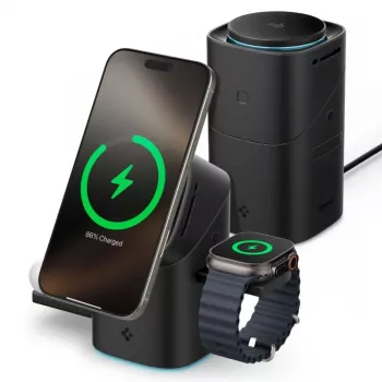 Încărcător wireless magnetic MagSafe rotativ 3-în-1 SPIGEN EF223MS Essential 15W Qi2 negru