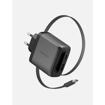 Încărcător de perete ENERGEA Ampcharge Arc 65W GaN USB-A/USB-C cu cablu USB-C retractabil, Gunmetal