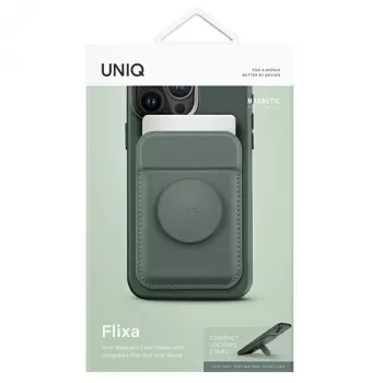 Portofel magnetic pentru carduri UNIQ Flixa cu picior de sprijin verde lichen MagSafe
