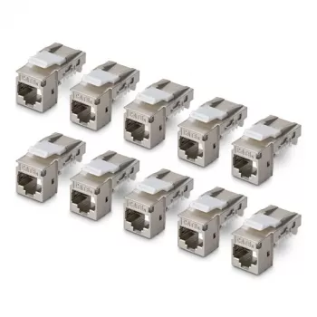 Modul keystone ecranat Cat6a StarTech.com 10 bucăți, RJ45 Ethernet mamă, STP, în unghi de 90 de grade, fără unelte, argintiu, 10GBase-T