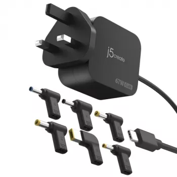 J5CREATE 67W GaN PD USB-C încărcător mini cu ștecher UK și 6 conectori DC