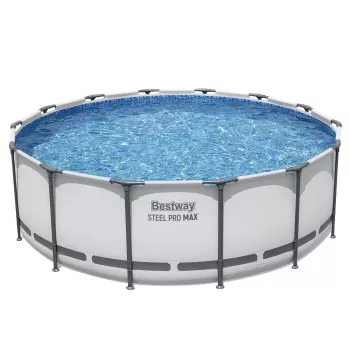 Piscină Bestway 5612X Steel Frame Above Ground 427 x 122 cm (14 ft x 48 in) rotundă cu cadru, pompă de filtrare, scară, prelată, folie de sol și dozator ChemConnect