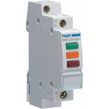 Lampă de semnalizare HAGER SVN129, 230V AC, 3 x LED roșu+verde+portocaliu, șină DIN