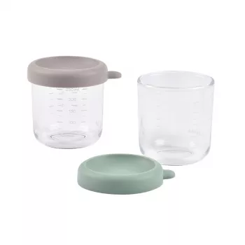 Set borcane din sticlă BEABA cu capace 2 x 250 ml verde salvie/gazelă