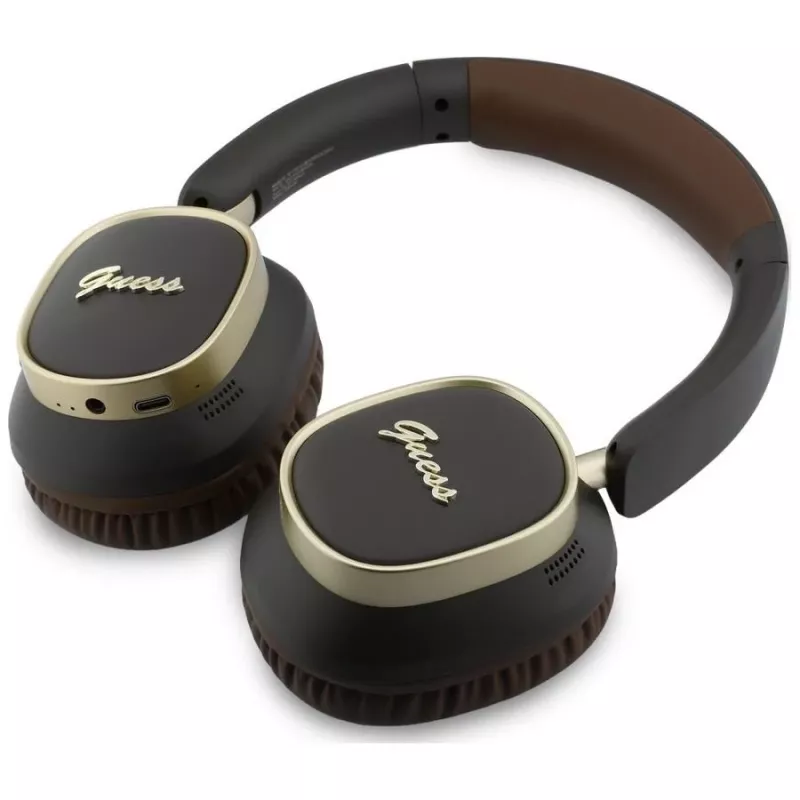 Căști Bluetooth over-ear Guess ENC Rectangle Metal Script maro