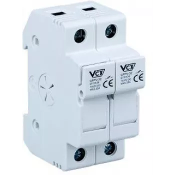Suport fuzibil bipolar VCX CF PV32 2P 32A 1000V DC pentru fuzibil 10x38mm, montaj pe șină DIN, bornă cu șurub, fotovoltaic