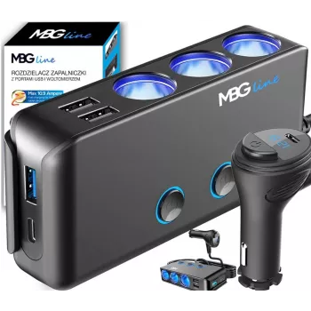MBG Line HC67C Dual Cigarette Lighter Socket Splitter with 3 USB-A Ports, 120W, Black