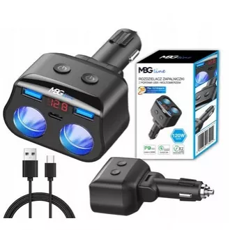 MBG Line HC69PD 3-Way Cigarette Lighter Splitter with 2x USB-C PD 30W and 2x USB-A QC 3.0, LED Voltage Display, 180W