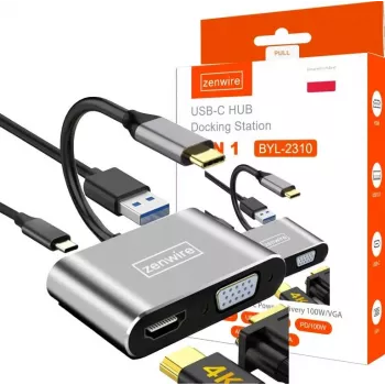 Adaptor hub USB-C multiport ZENWIRE 4-în-1 HDMI 4K VGA USB-A gri spațial BYL-2310
