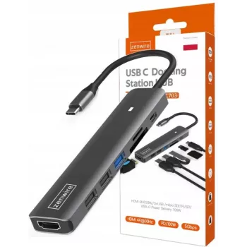 Adaptor hub USB-C ZENWIRE BS-HC703 7-în-1 cu HDMI 4K, USB 3.0, SD, PD