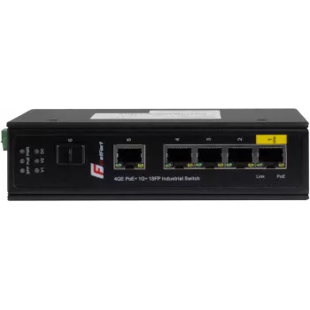 Switch industrial PoE+ GETFORT GF-110-4PG-1G-1S, 4x PoE+ 10/100/1000Base-T + 1x 10/100/1000Base-T + 1x 1000Base-X SFP, -40°C până la 80°C, șină DIN, buget PoE 65W