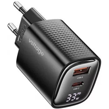 Încărcător GaN Voltage Mini 33W PD 3.0 QC 3.0 USB-A USB-C cu afișaj digital negru