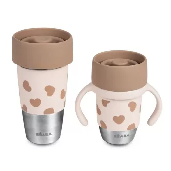 Set pahare din oțel inoxidabil Beaba Mini & Me BigLove pentru mamă și copil, pahar de antrenament 360°, 2 piese
