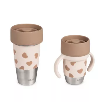 Set pahare din oțel inoxidabil Beaba Mini & Me BigLove pentru mamă și copil, pahar de antrenament 360°, 2 piese