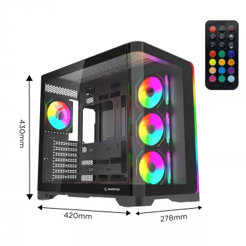 Carcasă PC gaming Rampage LYRON Mid Tower, 7 ventilatoare ARGB PWM, sticlă securizată, neagră