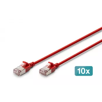 DIGITUS CAT 6A F/FTP cablu patch slim, 0,3 m, roșu, set de 10, LSZH, 10G Ethernet, RJ45
