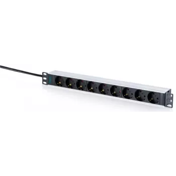 DIGITUS prelungitor 9 prize Schuko cu profil din aluminiu, montaj rack 1U, cablu 2m, 16A, 3680W, negru/argintiu