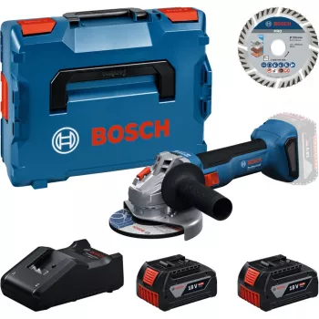 Set polizor unghiular cu acumulator Bosch Professional GWS 18V-11 S cu 2x acumulatori 4,0Ah, încărcător și L-BOXX