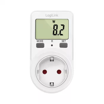 Contor de consum energetic LogiLink, display LCD de 1,5 inch, tarif unic, ștecher Schuko, alb