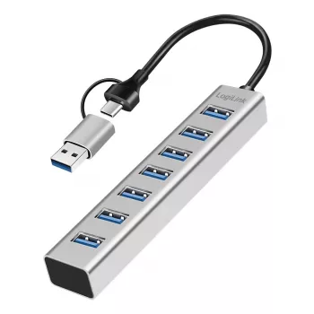 Hub LogiLink USB 3.0 7x USB-A cablu de conectare 2-in-1 argintiu