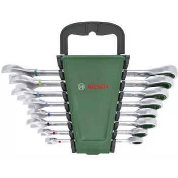 Set de 8 chei combinate cu clichet Bosch cu clichet reversibil cu 72 dinți, crom-vanadiu, metric 8-19 mm, valiză verde/neagră