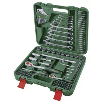 Set de unelte DIY BOSCH POWERTOOLS, 134 piese, în valiză verde, cu unelte de mână, biți, materiale de fixare și accesorii