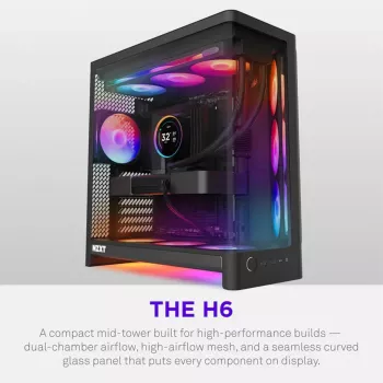 Carcasă gaming NZXT H6 RGB+ 2026 Mid-Tower Airflow, neagră, sticlă securizată, 3 ventilatoare RGB